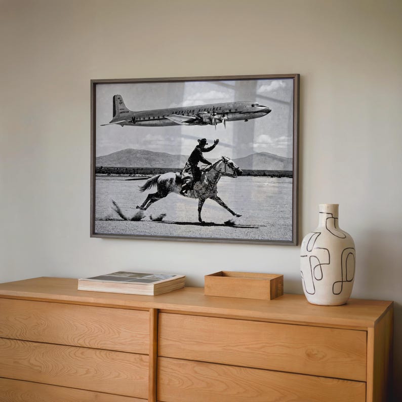 Vintage Cowboy Print, American Airlines Wall Art, 1950s Airplane Photo Poster, Black and White Western Decor, Mid Century Horseback Canvas