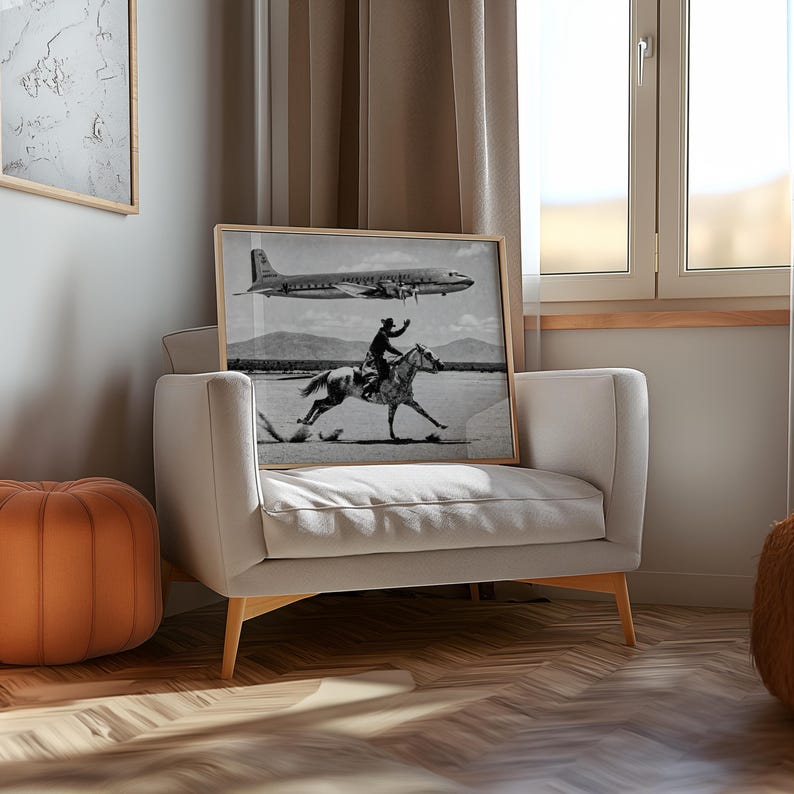 Vintage Cowboy Print, American Airlines Wall Art, 1950s Airplane Photo Poster, Black and White Western Decor, Mid Century Horseback Canvas
