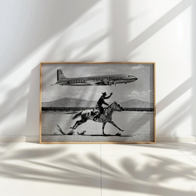 Vintage Cowboy Print, American Airlines Wall Art, 1950s Airplane Photo Poster, Black and White Western Decor, Mid Century Horseback Canvas