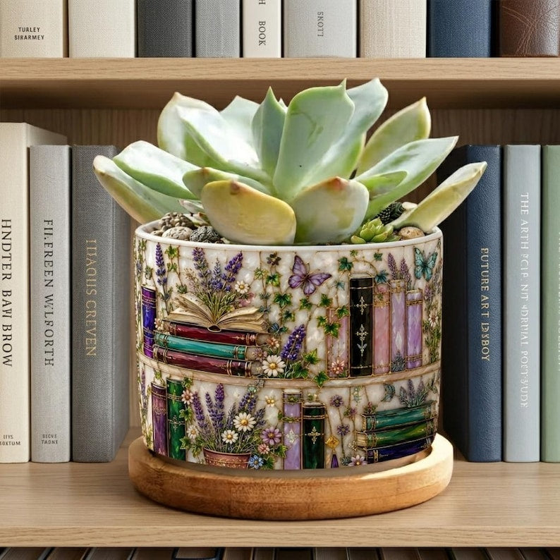 Stained-Glass Style Floral Bookshelf Plant Pot, Teacher Gift, Bookworm Gifts, Librarian Gift, Teacher Back to School Gift, Book Lover