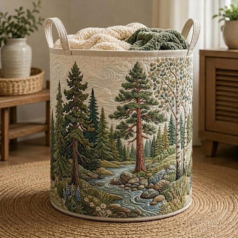 Into Woodland Quilted Laundry Basket: Autumn Forest Large Foldable Storage Bin