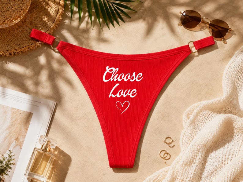 Red Ribbed Thong with "Choose Love" Heart Graphic – Low Rise Lingerie