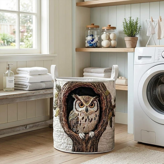 Cozy Owl Quilted Laundry Basket: Rustic Forest Animal Storage Bin, Woodland Tree Hollow Hamper