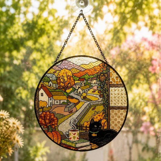 Pumpkin Cat Stained Glass Suncatcher, Autumn Window Hanging Decor, Cozy Fall Cottage Glass Art, Rustic Home Decor Gift for Cat Lovers