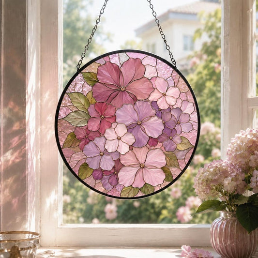 Pink Floral Stained Glass Suncatcher, Hydrangea Window Decor, Cottagecore Hanging Art
