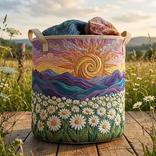 Daisy Field Quilted Laundry Basket: Daisy Floral Storage Bin, Large Foldable Hamper