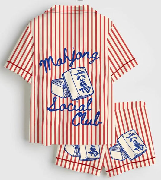 Womens Mahjong Social Club Pajama Set Funny Board Game Pajamas Silky Satin Short Sleeve Sleepwear Mahjong Lover Gift Cute Lounge Set
