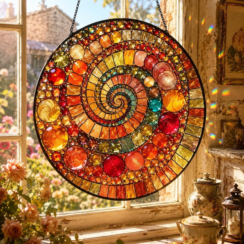 Stained Glass Spiral Suncatcher, Mosaic Rainbow Art Decor, Boho Window Hanging (Gift Option)