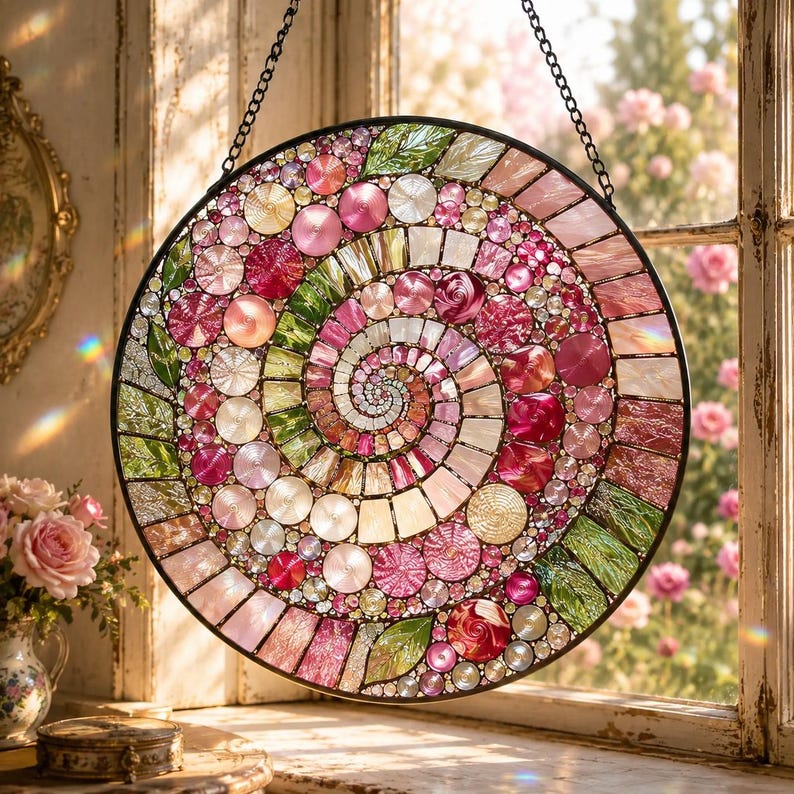 Stained Glass Spiral Suncatcher, Mosaic Rainbow Art Decor, Boho Window Hanging (Gift Option)