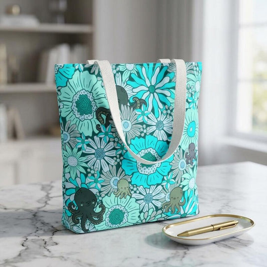 Octopus Floral Tote Bag, Coastal Beach Tote, Cute Ocean Market Bag, Sea Life Shopping Bag, Nautical Gift for Women, Aqua Floral Tote