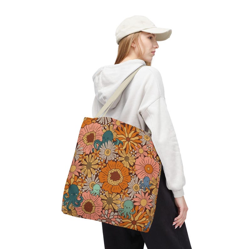 Octopus Floral Tote Bag, Coastal Market Bag, Beach Tote for Women, Ocean Lover Gift, Cottagecore Tote, Boho Beach Bag, Nautical Shopping