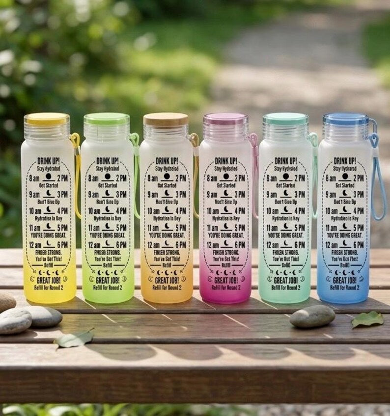 Hydration Reminder Frosted Tumbler | 16oz Ombré Glass Cup with Lid | Time Marker Water Bottle | Motivational Iced Coffee Tumbler, 6 Colors
