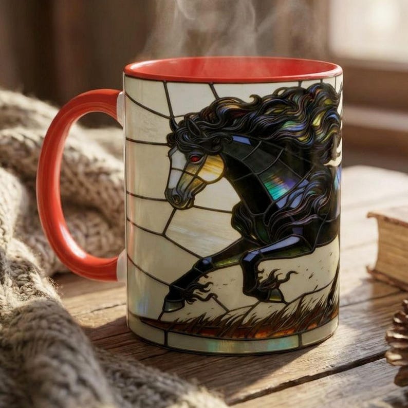 Stained Glass Horse Mug, Black Horse Coffee Mug, Horse Lover Gift, Equestrian Mug, Friesian Horse Gift, Horse Girl Gift, Unique Horse Mug
