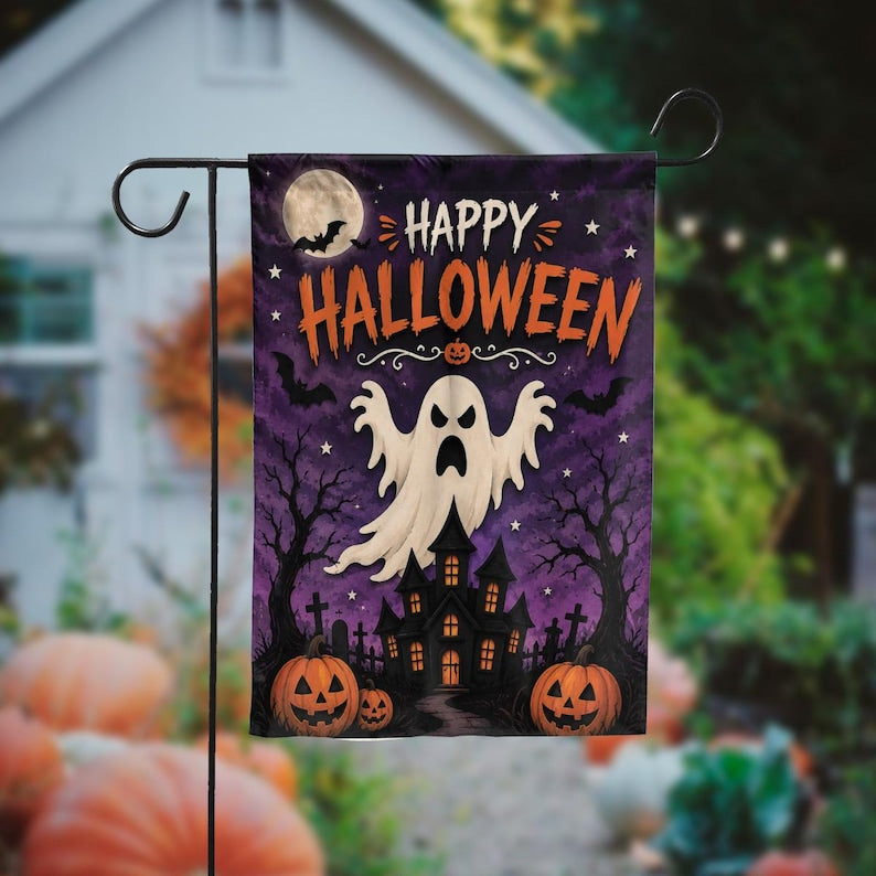Happy Halloween Ghost Pumpkin Garden Flag, Spooky Haunted House Yard Decor