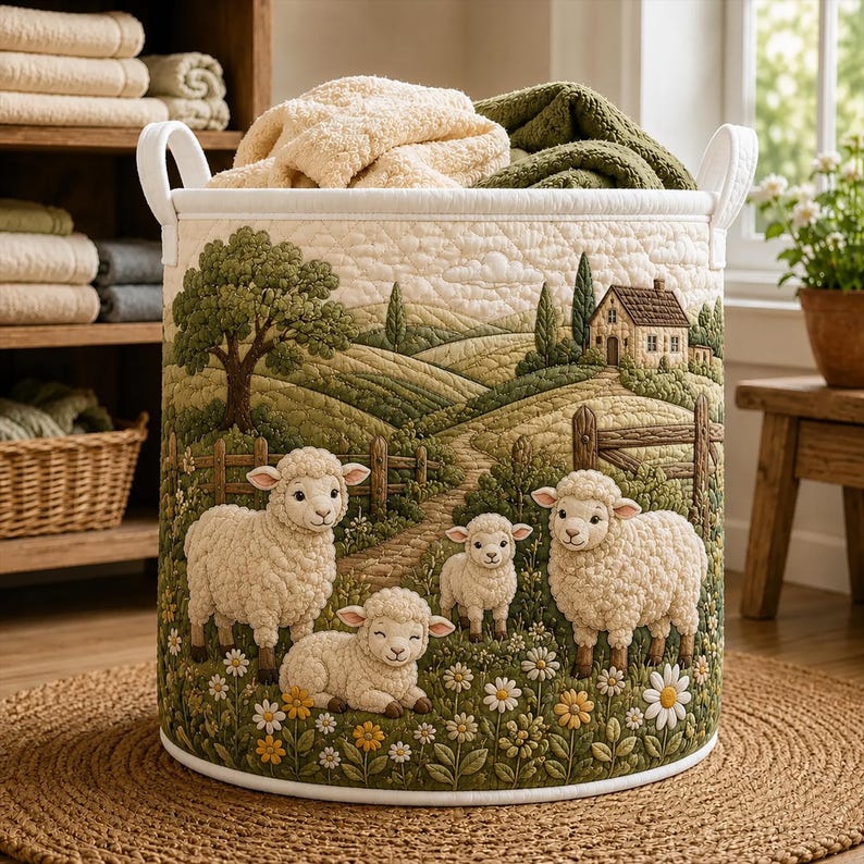 Sheep Meadow Quilted Laundry Basket, Farmhouse Storage Bin, Countryside Animal Hamper
