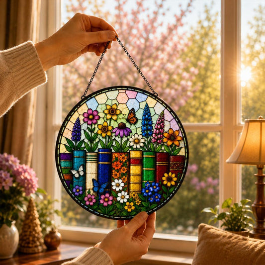 3D Stained Glass Book Floral Suncatcher, Book Lover Gift, Library Window Hanging, Bookish Reading Room Decor