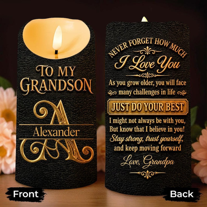 Personalized To My Grandson Never Forget How Much I Love You LED Candle, Black Gold Keepsake Gift From Grandpa, Inspirational Love Candle