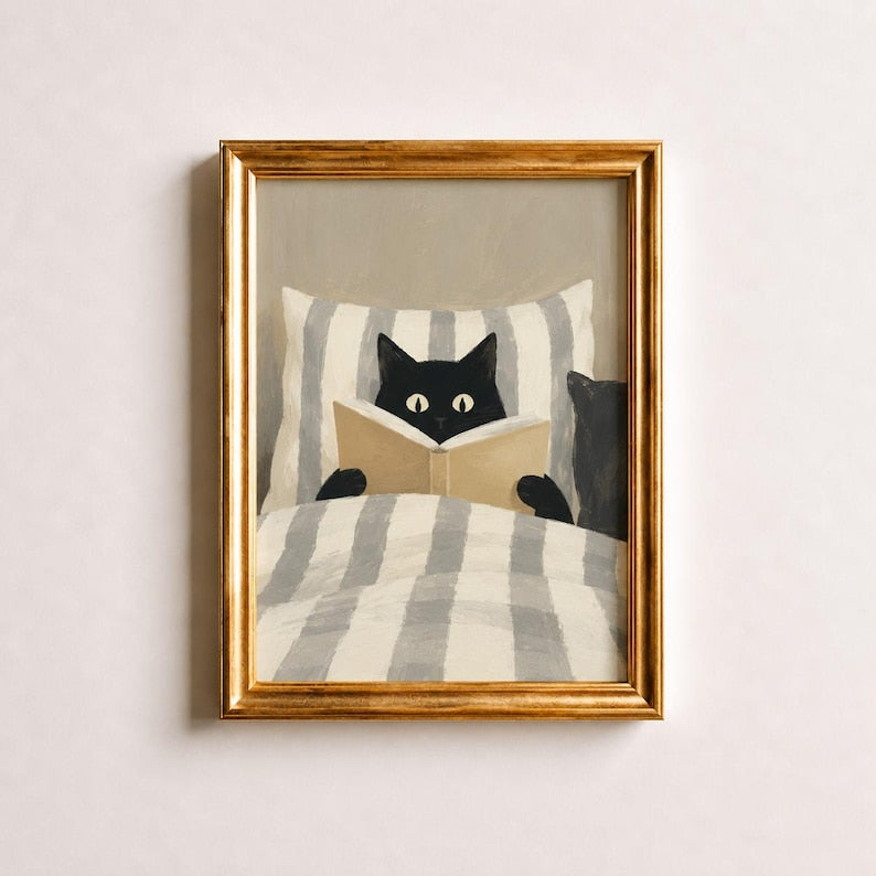 Black Cat Reading Book in Bed Wall Art Print, Cozy Morning Illustration with Striped Pillow and Soft Sunlight