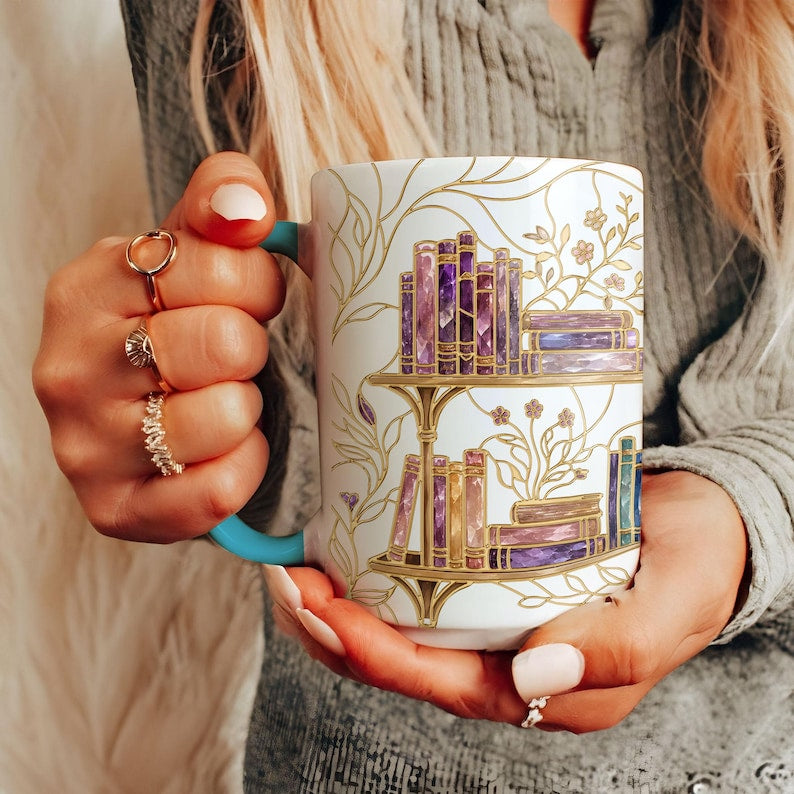Stained-Glass Style Floral Bookshelf Coffee Mug, Book Lover Mug Gift, Bookish Coffee Mug, Stained Glass Gift, Library Cup