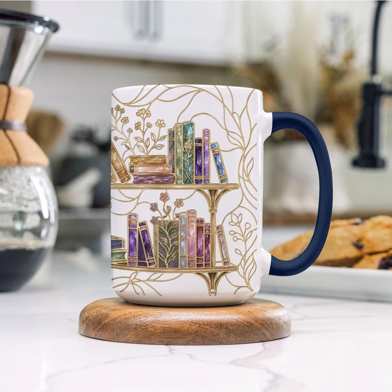 Stained-Glass Style Floral Bookshelf Coffee Mug, Book Lover Mug Gift, Bookish Coffee Mug, Stained Glass Gift, Library Cup