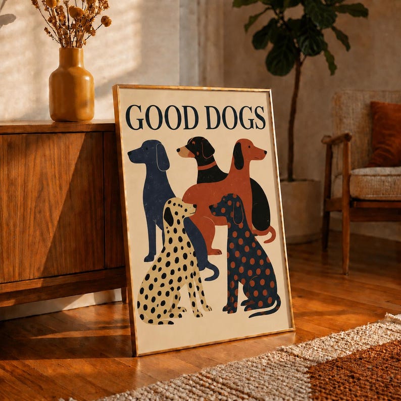 Good Dogs Wall Art, Dog Poster, Colorful Dog Print, Mid Century Dog Illustration, Cute Dog Lover Gift, Fun Living Room Decor