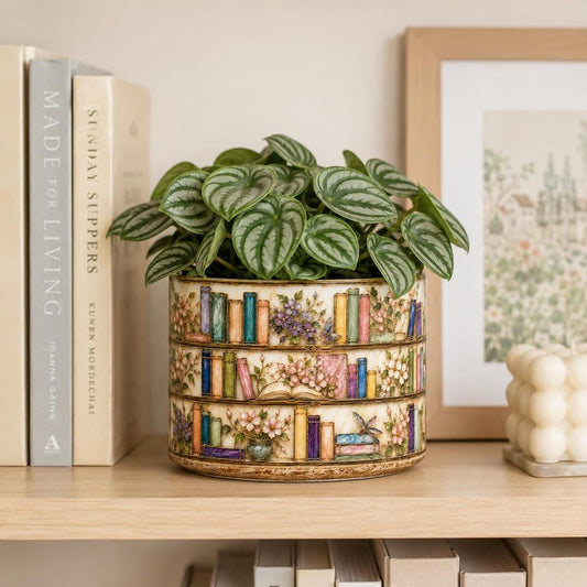 Floral BookSelf Stained-Glass Style Plant Pot, Book Lover Gift, Bookish Pot, Library Gift, Librarian Bookworm Gift for Reader, Teacher Gift