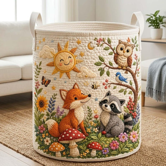 Woodland Animals Quilted Laundry Basket, Flowers Basket: Large Foldable Storage Bin