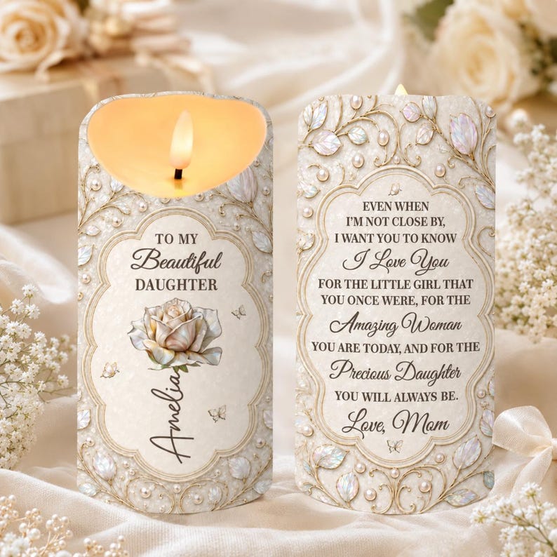 Personalized Daughter Candle, Custom Name White Rose Keepsake Gift From Mom, Love You Daughter