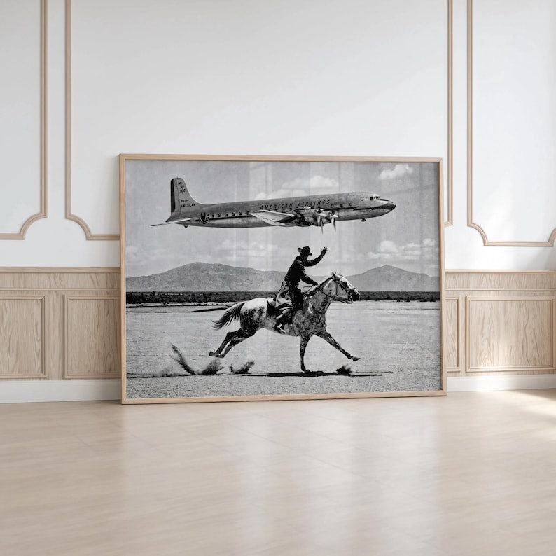 Vintage Cowboy Print, American Airlines Wall Art, 1950s Airplane Photo Poster, Black and White Western Decor, Mid Century Horseback Canvas