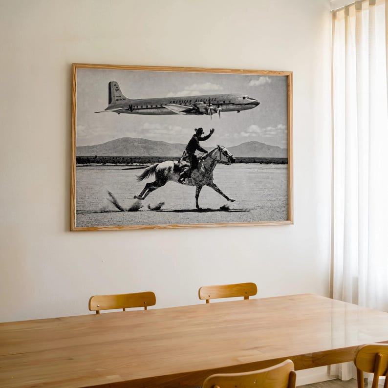 Vintage Cowboy Print, American Airlines Wall Art, 1950s Airplane Photo Poster, Black and White Western Decor, Mid Century Horseback Canvas