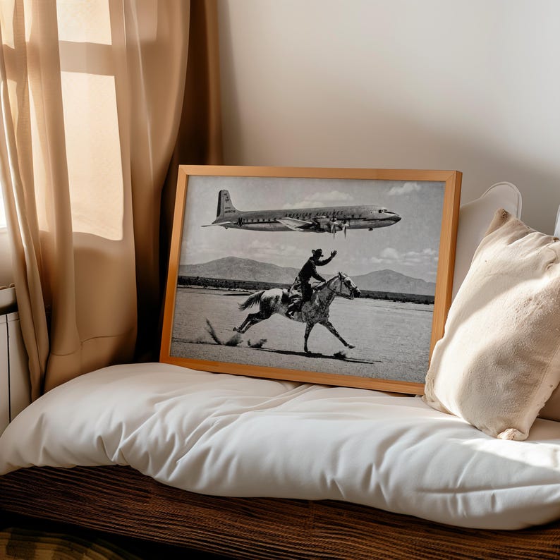 Vintage Cowboy Print, American Airlines Wall Art, 1950s Airplane Photo Poster, Black and White Western Decor, Mid Century Horseback Canvas