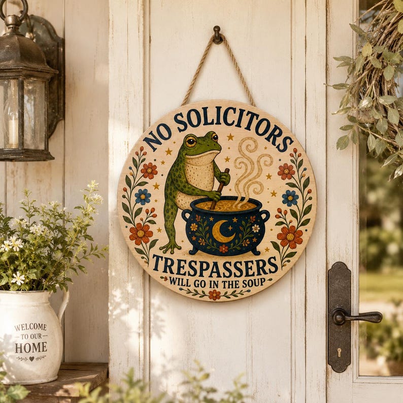 Frog No Solicitors Wood Door Sign with Cauldron and Floral Border