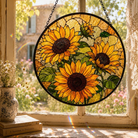 Sunflower Lovers Stained Glass Suncatcher, Golden Window Hanging Gift
