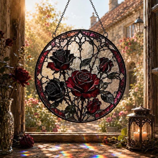 Gothic Rose Suncatcher, Black Red Rose Window Hanging for Goth Decor Lovers, Stained Glass Style Resin Gift
