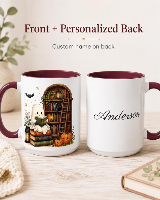 Personalized Reading Ghost Mug, Halloween Book Lover Coffee Cup, Spooky Pumpkin Library Mug
