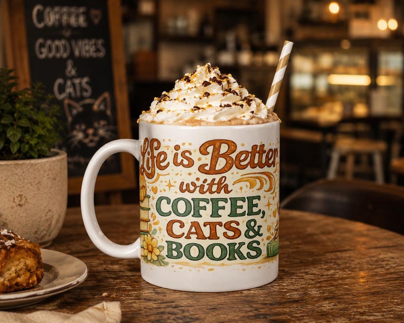 Ceramic Mug, Coffee Cats Books Lover, Cozy Reader Gift, Cat Mom Bibliophile Cup