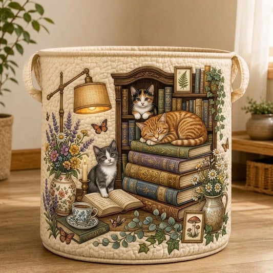 Quilted Laundry Basket: Vintage Bookish Cats Library Storage Bin