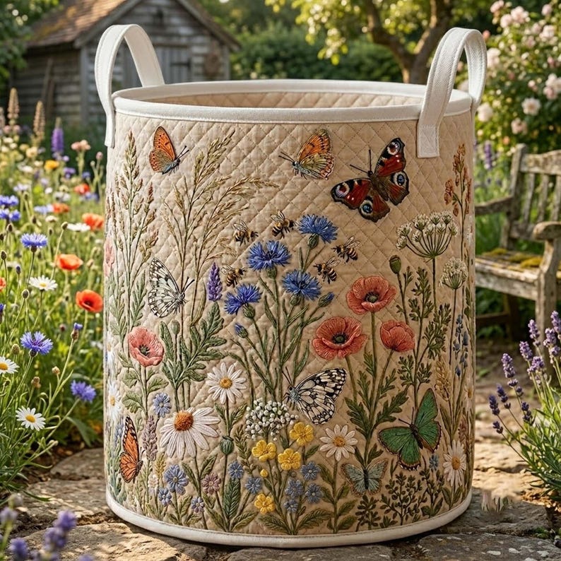 Floral Garden Quilted Laundry Basket, Botanical Storage Bin, Butterfly Flower Hamper
