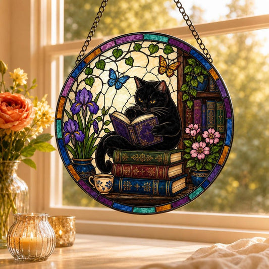 3D Black Cat Stained Glass Suncatcher, Book Lover Gift, Reading Cat Window Hanging