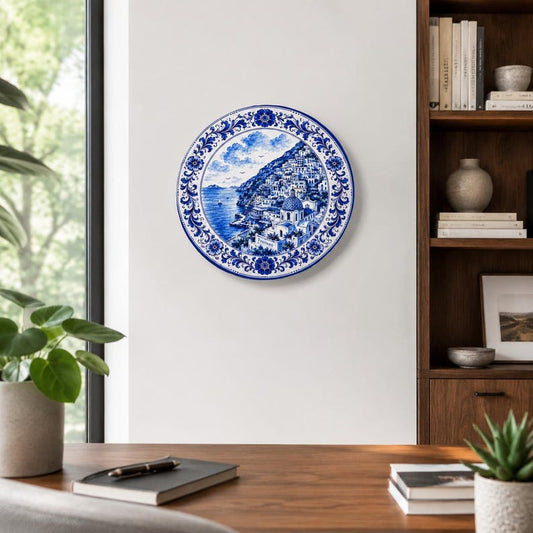Blue White Mediterranean Inspired by Positano Seaside Town Ceramic Display Plate