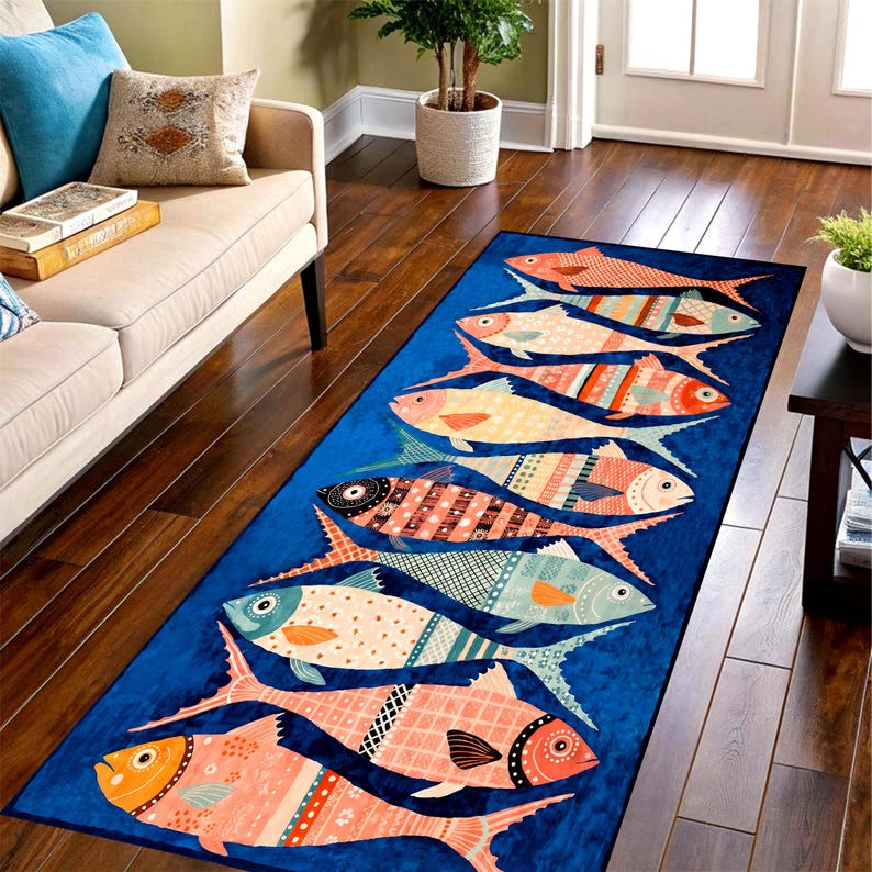 Blue Fish Kitchen Runner Rug: Colorful Seafood Carpet, Machine-Washable Non-Slip