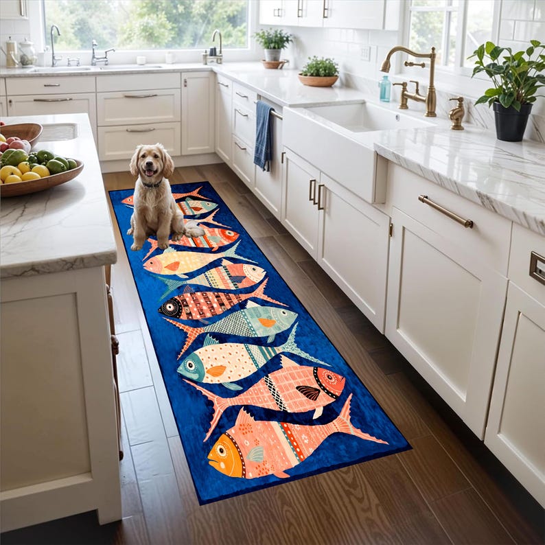Blue Fish Kitchen Runner Rug: Colorful Seafood Carpet, Machine-Washable Non-Slip