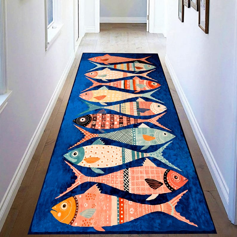 Blue Fish Kitchen Runner Rug: Colorful Seafood Carpet, Machine-Washable Non-Slip