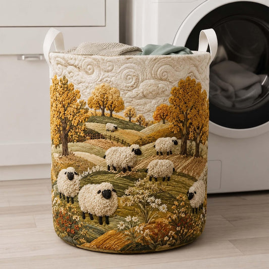 Sheep Heaven Quilted Laundry Basket: Countryside Farmhouse Hamper, Cute Sheep Storage Bin