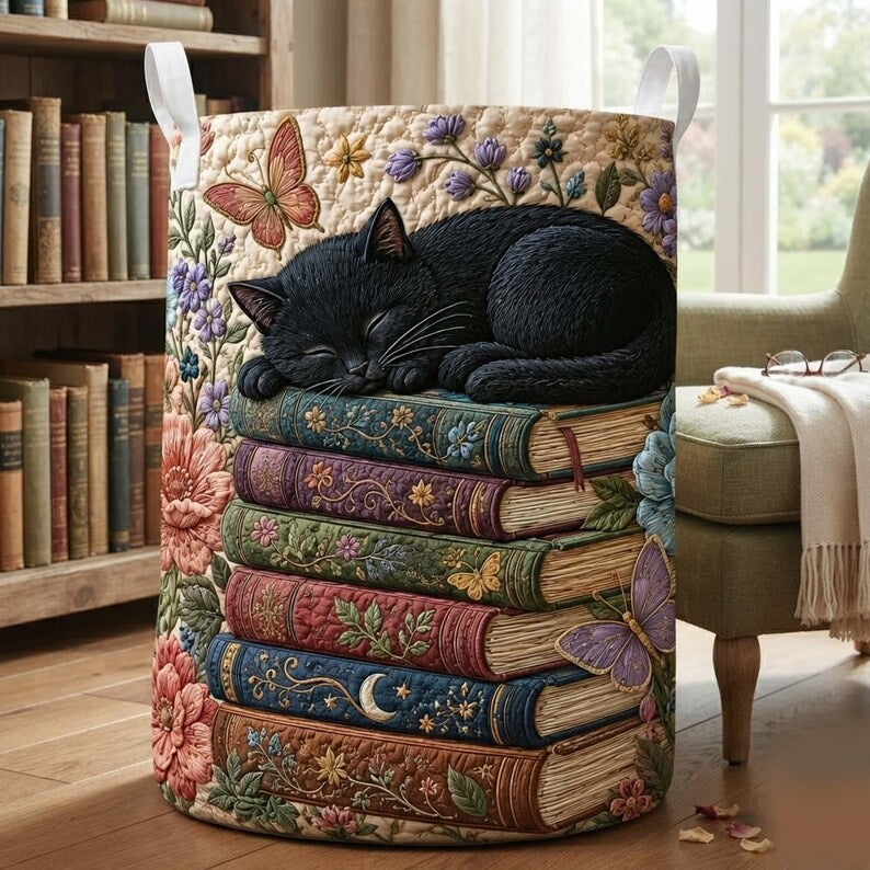 Bookish Cat Quilted Laundry Basket Library Kitten Storage Bin, Quilt Fabric Hamper