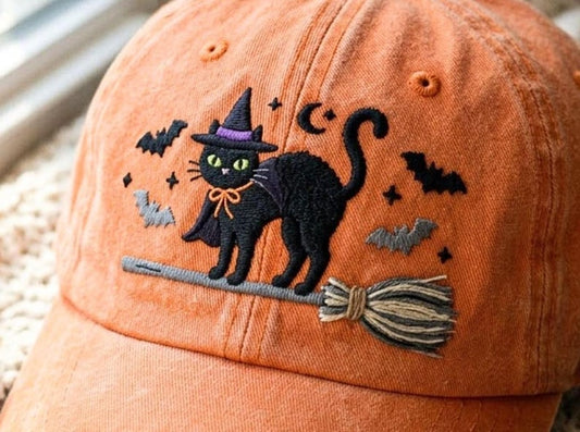 Washed Cotton Black Cat Halloween Baseball Cap – Witchy Vibes Embroidery