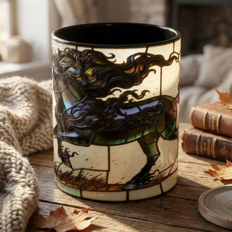 Stained Glass Horse Mug, Black Horse Coffee Mug, Horse Lover Gift, Equestrian Mug, Friesian Horse Gift, Horse Girl Gift, Unique Horse Mug