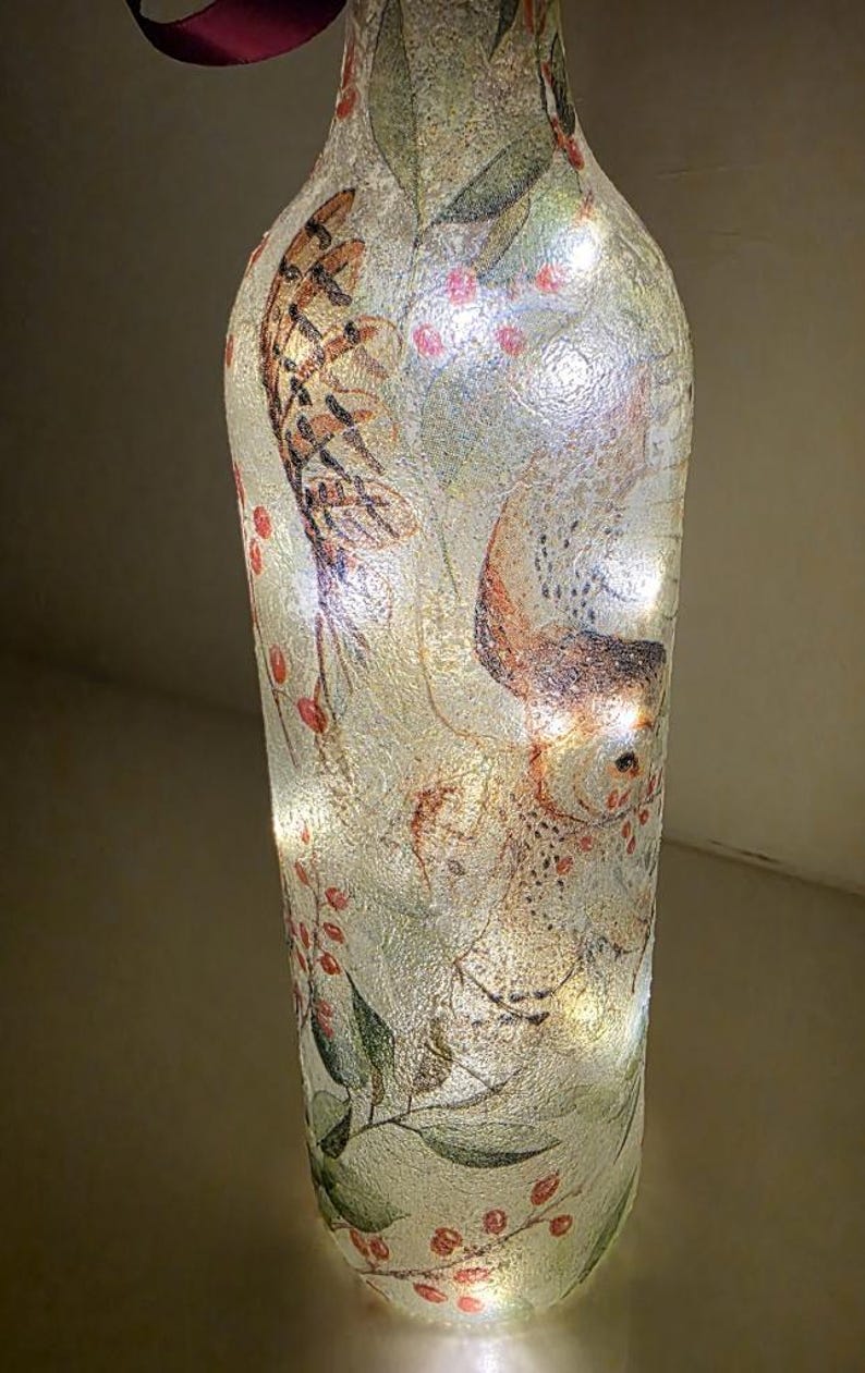 Barn Owl Bottle Lamp | Decoupage Rustic LED Light | Woodland Decor Nature Gift
