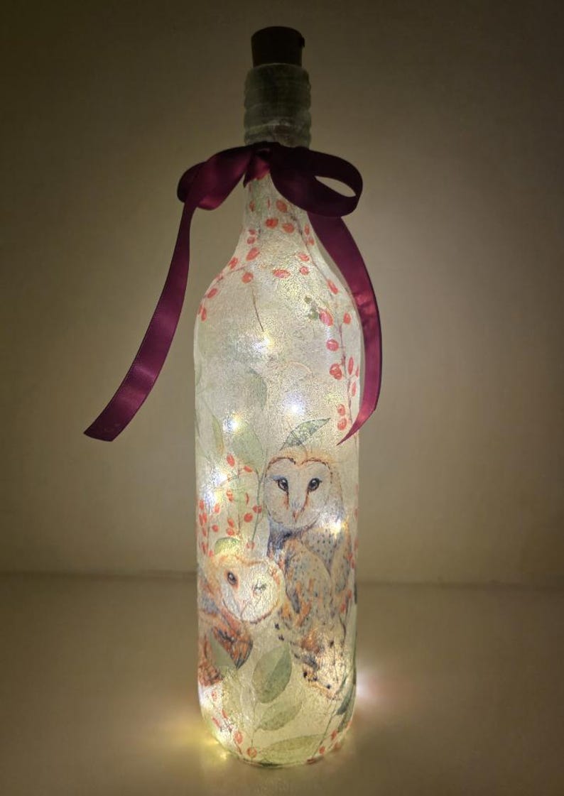 Barn Owl Bottle Lamp | Decoupage Rustic LED Light | Woodland Decor Nature Gift