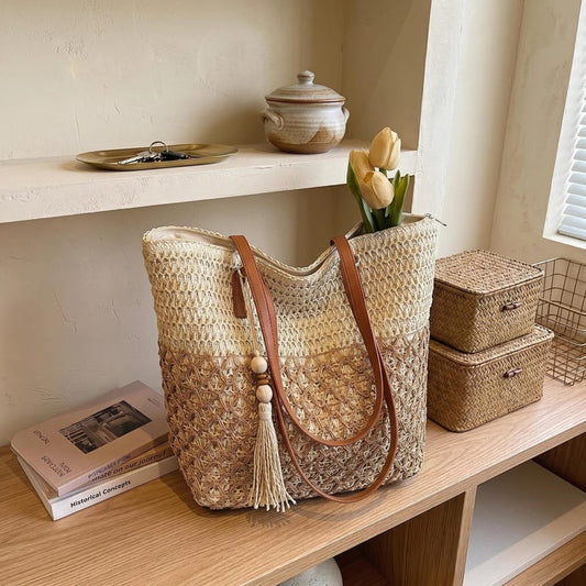 Handwoven Straw Tote Bag for Women, Large Beach Bag with Leather Handles, Boho Summer Purse, Personalized Crochet Summer Shoulder Bag, Gift